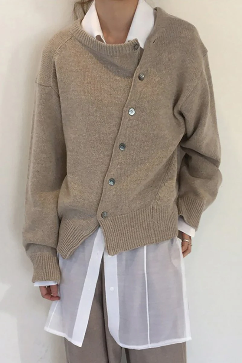 Women's solid color irregular buttoned cardigan