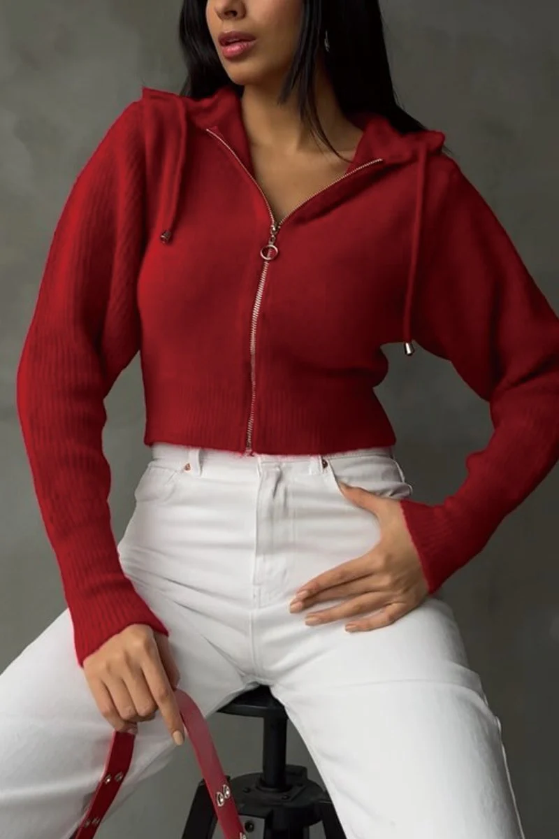 Women's solid color knitted zipper cardigan